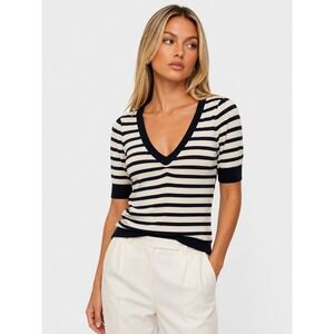 Yaya Aflalo V Neck Striped Short Sleeve Cashmere Blend Sweater Top Navy S